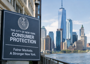 City of New York Consumer Protection sign reading 'Fairer Markets. A Stronger New York.' with the Lower Manhattan skyline and One World Trade Center in the background.