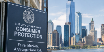 City of New York Consumer Protection sign reading 'Fairer Markets. A Stronger New York.' with the Lower Manhattan skyline and One World Trade Center in the background.