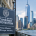 City of New York Consumer Protection sign reading 'Fairer Markets. A Stronger New York.' with the Lower Manhattan skyline and One World Trade Center in the background.
