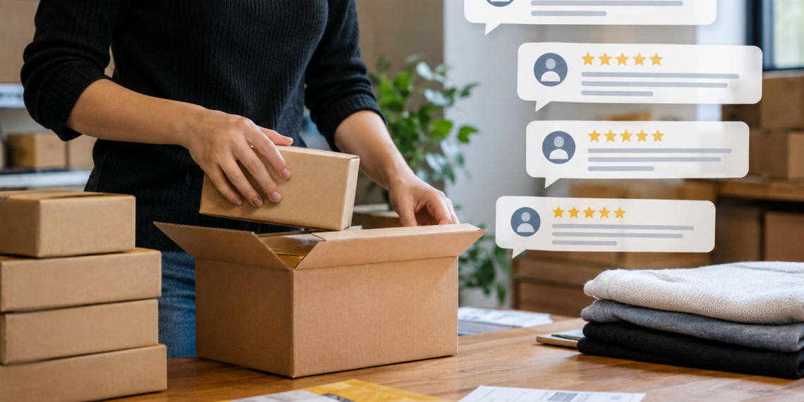 Stock photo of a person packing small boxes into a larger shipping box at a desk with folded clothing and padded envelopes, with four five-star review bubbles overlaid, illustrating e-commerce order fulfillment and customer reviews.
