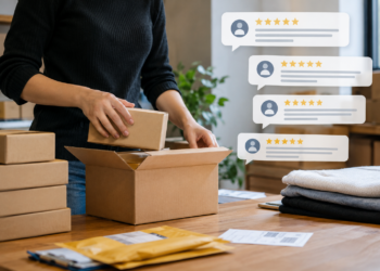 Stock photo of a person packing small boxes into a larger shipping box at a desk with folded clothing and padded envelopes, with four five-star review bubbles overlaid, illustrating e-commerce order fulfillment and customer reviews.