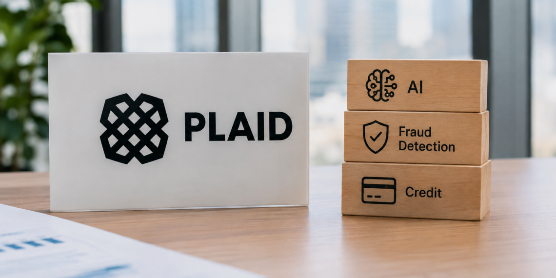 Stock photo of an office desk with a white nameplate displaying the Plaid logo beside a stack of three wooden blocks labeled "AI," "Fraud Detection," and "Credit," each with a matching icon, evoking AI-driven fraud detection in financial data and credit services.