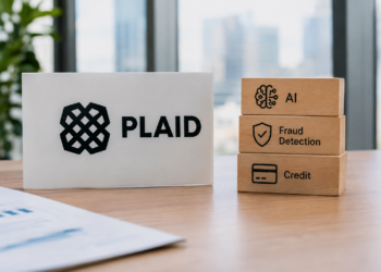 Stock photo of an office desk with a white nameplate displaying the Plaid logo beside a stack of three wooden blocks labeled "AI," "Fraud Detection," and "Credit," each with a matching icon, evoking AI-driven fraud detection in financial data and credit services.