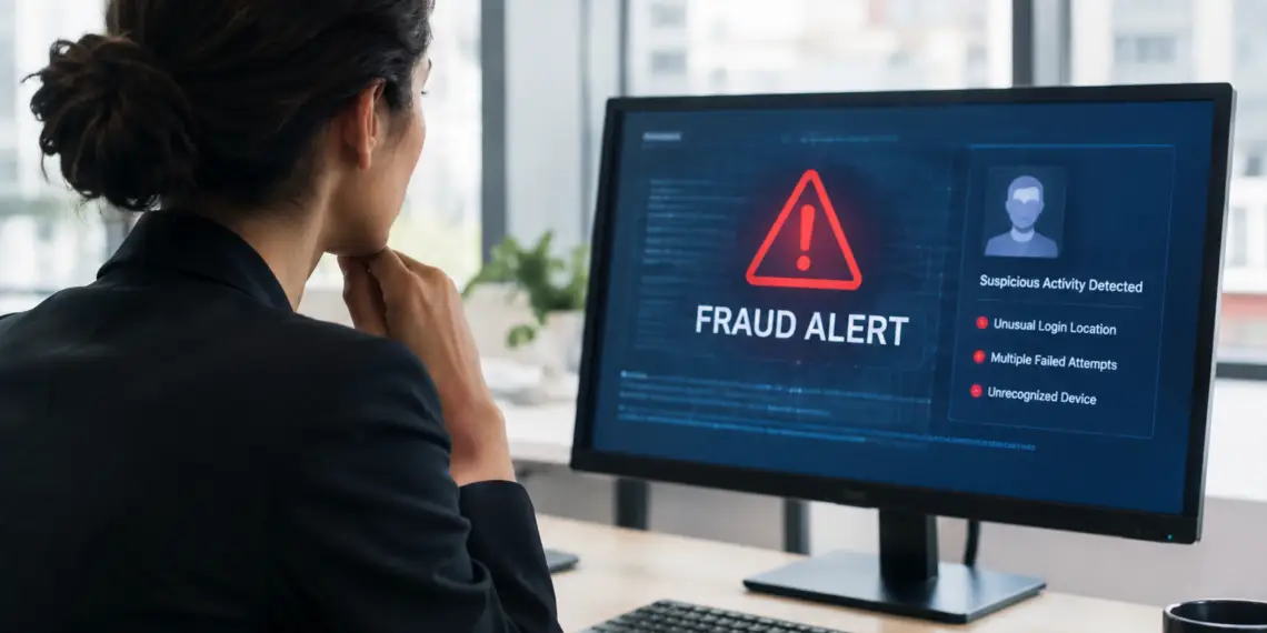 Stock photo of a businesswoman viewed from behind, looking at a computer monitor displaying a red “Fraud Alert” warning with “Suspicious Activity Detected,” listing unusual login location, multiple failed attempts, and an unrecognized device.