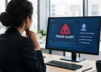 Stock photo of a businesswoman viewed from behind, looking at a computer monitor displaying a red “Fraud Alert” warning with “Suspicious Activity Detected,” listing unusual login location, multiple failed attempts, and an unrecognized device.