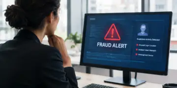 Stock photo of a businesswoman viewed from behind, looking at a computer monitor displaying a red “Fraud Alert” warning with “Suspicious Activity Detected,” listing unusual login location, multiple failed attempts, and an unrecognized device.