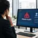 Stock photo of a businesswoman viewed from behind, looking at a computer monitor displaying a red “Fraud Alert” warning with “Suspicious Activity Detected,” listing unusual login location, multiple failed attempts, and an unrecognized device.