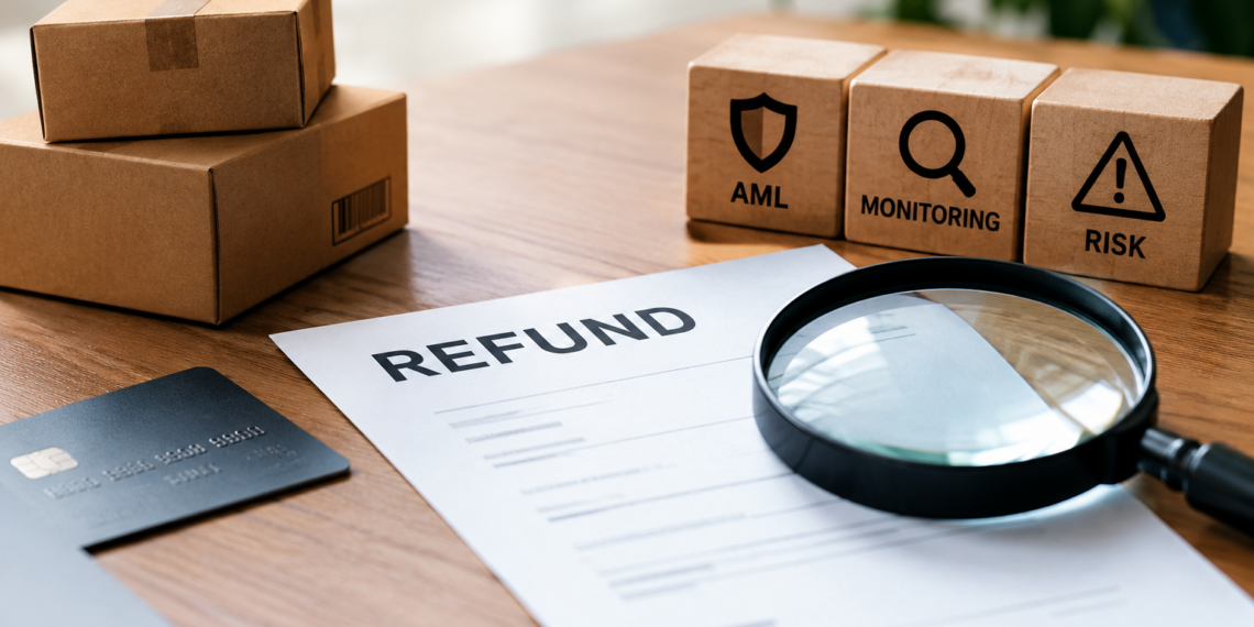 Refund form under a magnifying glass beside wooden blocks reading 'AML,' 'Monitoring,' and 'Risk,' with shipping boxes and a credit card nearby.