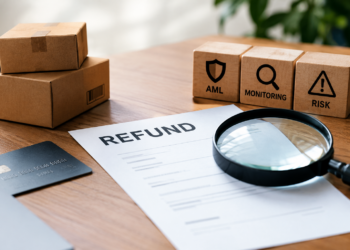 Refund form under a magnifying glass beside wooden blocks reading 'AML,' 'Monitoring,' and 'Risk,' with shipping boxes and a credit card nearby.