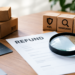 Refund form under a magnifying glass beside wooden blocks reading 'AML,' 'Monitoring,' and 'Risk,' with shipping boxes and a credit card nearby.