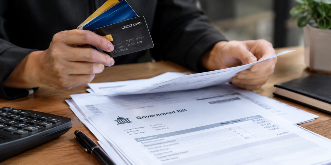 Stock photo of a person holding several credit cards while reviewing a “Government Bill” document on a desk with a calculator, pen, and notebook, illustrating bill payment or billing management.