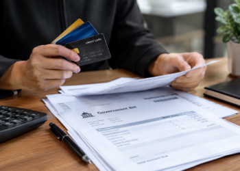 Stock photo of a person holding several credit cards while reviewing a “Government Bill” document on a desk with a calculator, pen, and notebook, illustrating bill payment or billing management.