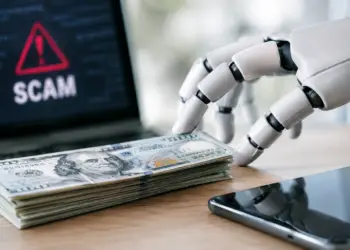 A white robotic hand reaches toward a stack of U.S. dollar bills beside a device displaying a red warning symbol and the word “SCAM,” illustrating how AI-powered scams are contributing to an estimated $442 billion in global losses.