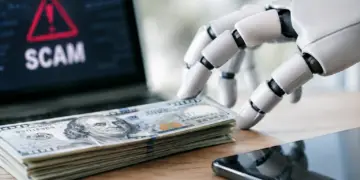 A white robotic hand reaches toward a stack of U.S. dollar bills beside a device displaying a red warning symbol and the word “SCAM,” illustrating how AI-powered scams are contributing to an estimated $442 billion in global losses.