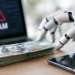 A white robotic hand reaches toward a stack of U.S. dollar bills beside a device displaying a red warning symbol and the word “SCAM,” illustrating how AI-powered scams are contributing to an estimated $442 billion in global losses.