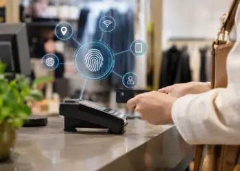 Card payment at a retail checkout with a digital overlay of connected data signals representing device fingerprinting.
