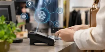 Card payment at a retail checkout with a digital overlay of connected data signals representing device fingerprinting.
