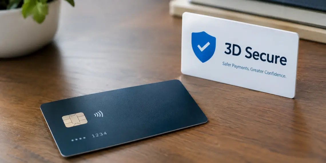 Dark blue contactless chip card lying on a wooden desk beside a white sign with a blue shield and checkmark icon reading “3D Secure: Safer Payments. Greater Confidence,” with a potted plant and stacked notebooks in the background.