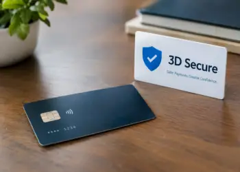 Dark blue contactless chip card lying on a wooden desk beside a white sign with a blue shield and checkmark icon reading “3D Secure: Safer Payments. Greater Confidence,” with a potted plant and stacked notebooks in the background.