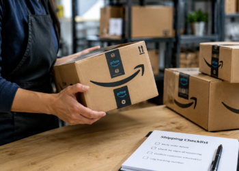 Stock photo of a worker holding an Amazon Prime package beside a stack of similar boxes on a shelf, with a “Shipping Checklist” clipboard in the foreground listing steps to verify order details, check for tampering, confirm customer information, and log the tracking number.