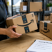 Stock photo of a worker holding an Amazon Prime package beside a stack of similar boxes on a shelf, with a “Shipping Checklist” clipboard in the foreground listing steps to verify order details, check for tampering, confirm customer information, and log the tracking number.