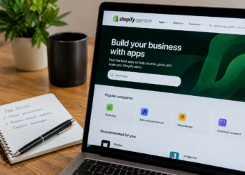 Stock photo of a laptop displaying the Shopify App Store homepage with “Build your business with apps” and popular categories like Marketing, Sales and conversion, Store design, and Customer support, beside a notebook with handwritten “App Review” checklist items (check permissions, review recent updates, confirm developer), a pen, mug, and plant.