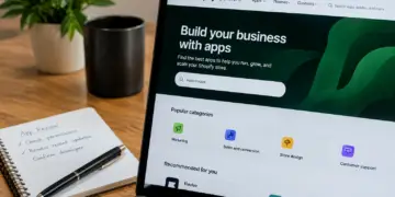 Stock photo of a laptop displaying the Shopify App Store homepage with “Build your business with apps” and popular categories like Marketing, Sales and conversion, Store design, and Customer support, beside a notebook with handwritten “App Review” checklist items (check permissions, review recent updates, confirm developer), a pen, mug, and plant.