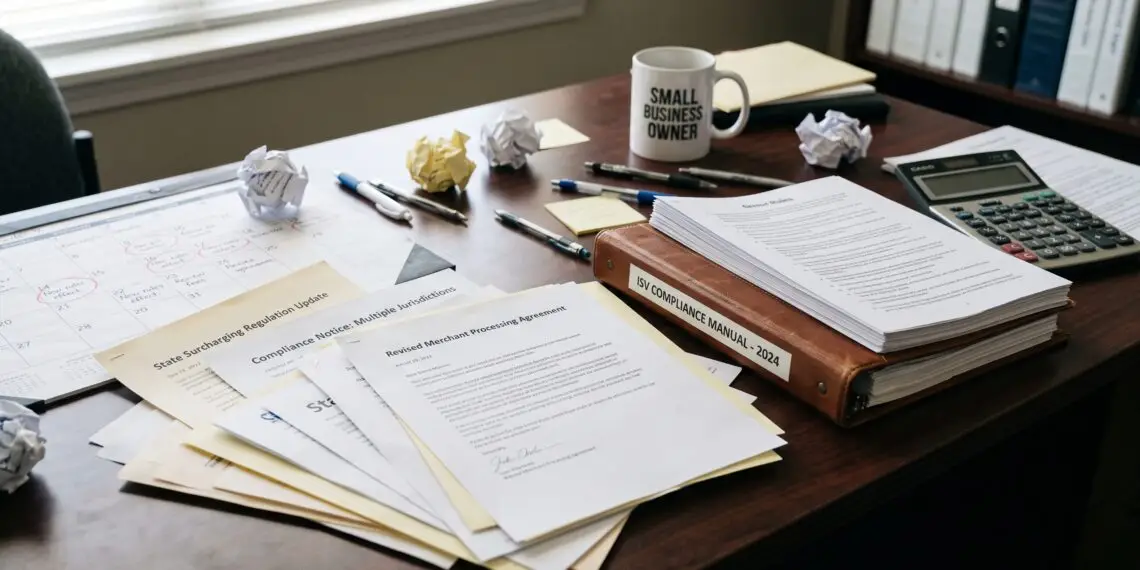 Messy desk piled with compliance notices, surcharging regulation updates, and a merchant processing agreement, beside an ISV compliance manual, a calendar marked with new rule dates, and a 'Small Business Owner' mug.