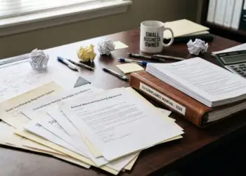 Messy desk piled with compliance notices, surcharging regulation updates, and a merchant processing agreement, beside an ISV compliance manual, a calendar marked with new rule dates, and a 'Small Business Owner' mug.