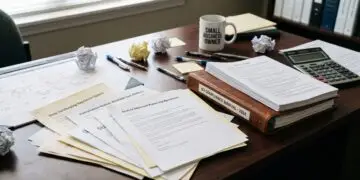Messy desk piled with compliance notices, surcharging regulation updates, and a merchant processing agreement, beside an ISV compliance manual, a calendar marked with new rule dates, and a 'Small Business Owner' mug.