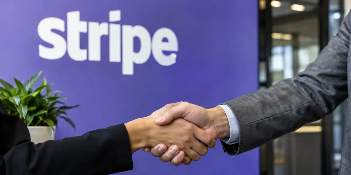 Two people in business attire shake hands in front of a purple wall with the Stripe logo.