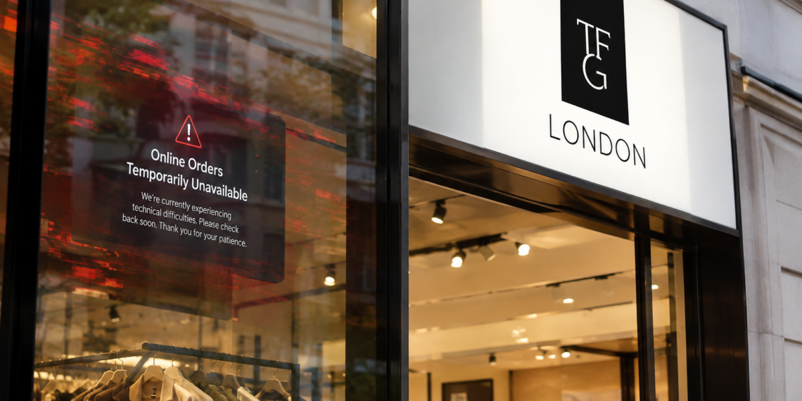 TFG London fashion retailer storefront featuring the brand’s black-and-white logo above glass display windows, with a red cybersecurity warning graphic stating “Online Orders Temporarily Unavailable” to represent a cyberattack disrupting online orders.