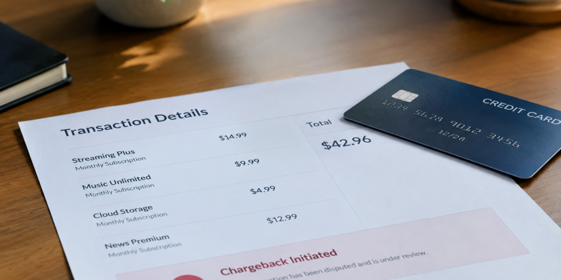 Stock photo of a credit card resting on a “Transaction Details” invoice listing monthly subscriptions (Streaming Plus, Music Unlimited, Cloud Storage, News Premium) totaling $42.96, with a red “Chargeback Initiated” notice below indicating the transaction is disputed and under review.