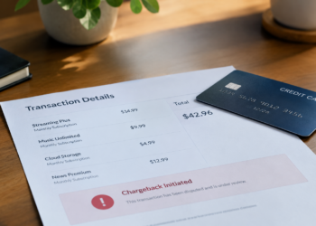 Stock photo of a credit card resting on a “Transaction Details” invoice listing monthly subscriptions (Streaming Plus, Music Unlimited, Cloud Storage, News Premium) totaling $42.96, with a red “Chargeback Initiated” notice below indicating the transaction is disputed and under review.