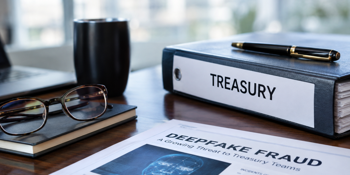 Stock photo of a desk with a “Treasury” binder, a pen, glasses, a tumbler, and a laptop, alongside a document titled “Deepfake Fraud: A Growing Threat to Treasury Teams” featuring a digital face-scan graphic and a bar chart showing incidents on the rise.