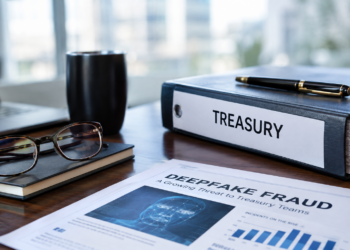 Stock photo of a desk with a “Treasury” binder, a pen, glasses, a tumbler, and a laptop, alongside a document titled “Deepfake Fraud: A Growing Threat to Treasury Teams” featuring a digital face-scan graphic and a bar chart showing incidents on the rise.