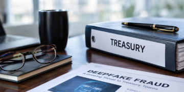 Stock photo of a desk with a “Treasury” binder, a pen, glasses, a tumbler, and a laptop, alongside a document titled “Deepfake Fraud: A Growing Threat to Treasury Teams” featuring a digital face-scan graphic and a bar chart showing incidents on the rise.