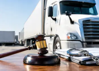 Stock photo of a judge’s gavel resting on a desk beside a pair of handcuffs on a document folder, with a semi-truck and trailers parked in the background, illustrating legal action or enforcement related to the trucking or freight industry.