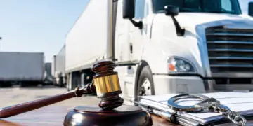 Stock photo of a judge’s gavel resting on a desk beside a pair of handcuffs on a document folder, with a semi-truck and trailers parked in the background, illustrating legal action or enforcement related to the trucking or freight industry.