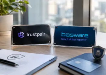 Stock photo of an office desk with two acrylic nameplates displaying the Trustpair and Basware logos, alongside a shield padlock icon, a credit card, a pen, and a document, evoking a fraud prevention and payment security partnership.