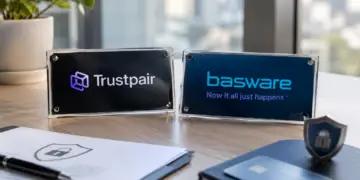 Stock photo of an office desk with two acrylic nameplates displaying the Trustpair and Basware logos, alongside a shield padlock icon, a credit card, a pen, and a document, evoking a fraud prevention and payment security partnership.