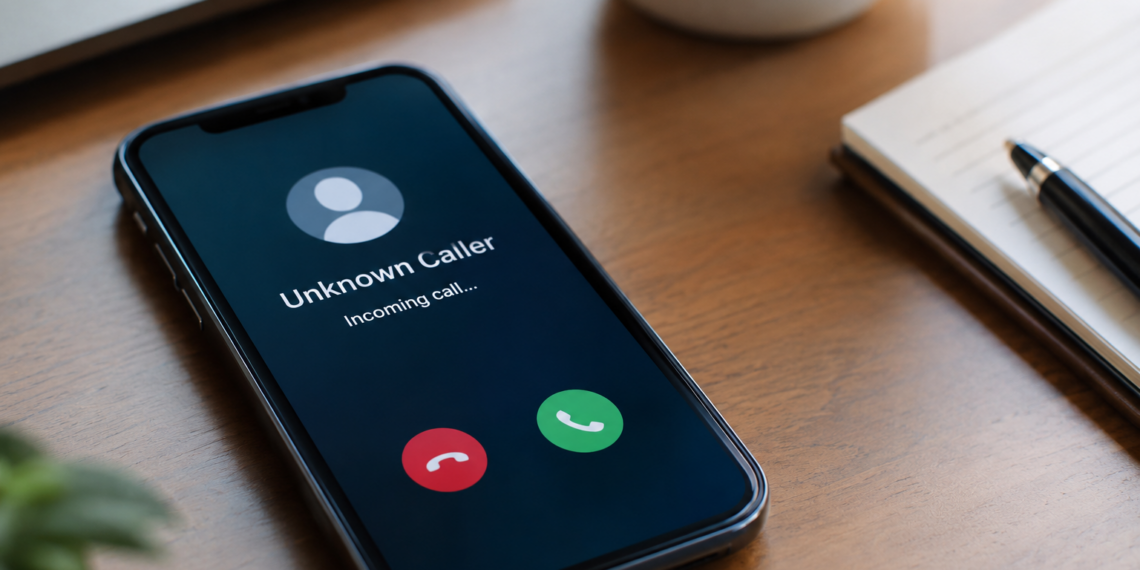 Close-up stock photo of a smartphone on a wooden desk displaying an incoming call screen labeled "Unknown Caller," with a generic contact icon and red/green decline and accept buttons, illustrating the risk of voice phishing (vishing) scam calls; a laptop, mug, notebook, and pen sit nearby.
