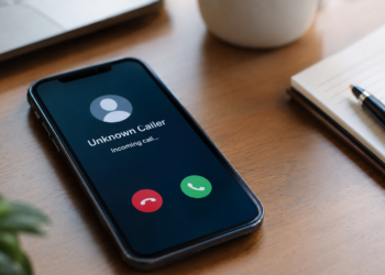 Close-up stock photo of a smartphone on a wooden desk displaying an incoming call screen labeled "Unknown Caller," with a generic contact icon and red/green decline and accept buttons, illustrating the risk of voice phishing (vishing) scam calls; a laptop, mug, notebook, and pen sit nearby.