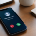 Close-up stock photo of a smartphone on a wooden desk displaying an incoming call screen labeled "Unknown Caller," with a generic contact icon and red/green decline and accept buttons, illustrating the risk of voice phishing (vishing) scam calls; a laptop, mug, notebook, and pen sit nearby.