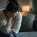 Stock photo of a woman sitting on a couch with her head resting in her hand, appearing distressed, in a dimly lit living room.